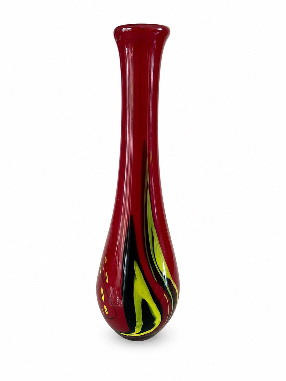 Pier 1 Ruby Red Color Splash Stretch Glass Vase 16.5” Tall – Vintage Hand Blown